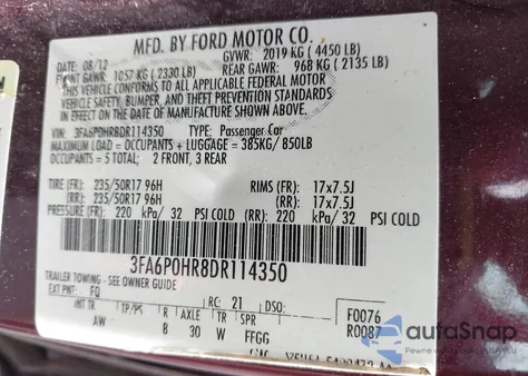 2013 Ford Fusion Se из США, поврежденный, VIN 3FA6P0HR8DR114350